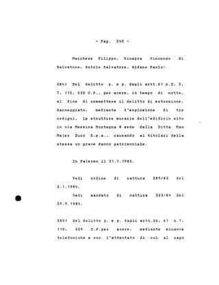- Pago 545 -
Marchese Filippo, Sinagra Vincenzo di
Salvatore, Rotolo Salvatore, Alfano Paolo:
284) Del delitto p. e p. dagli artt.61 n.2, 5,
7, 110, 635 C.P., per avere, in tempo di notte,
al fine di commettere il delitto di estorsione,
danneggiato, mediante l'esplosione di tre
ordigni, le strutture murarie dell'edificio sito
in via Messina Montagna 8 sede della Ditta Max
Majer Duco S.p.a., causando ai titolari della
stessa un grave danno patrimoniale.
In Palermo il 31.7.1982.
323/84 del
Vedi
2.1.1984.
Vedi
29.9.1984.
ordine
mandato
di
di
cattura
cattura
289/83 del
285) Del delitto p. e p. dagli artt.56, 61 n.?,
110, 629
telefoniche
C.P.per avere,
e con l'attentato
mediante
di cui
minacce
al capo
 