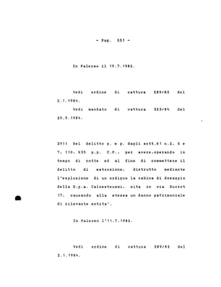 - Pago 551 -
In Palermo il 19.7.198Z.
Vedi
2.1.1984.
ordine di cattura 289/83 del
Vedi mandato
29.9.1984.
di cattura 323/84 del
delitto p. e p. dagli artt.61 n.Z, 5 e291> Del
7, 110, 635 p.p. C.P., per avere,operando in
tempo di notte ed al fine di commettere il
delitto di estorsione, distrutto mediante
l'esplosione di un ordigno la cabina di dosaggio
della S.p.a. Calcestruzzi,
• 17 ,
sita in via Ducrot
causando alla stessa un danno patrimoniale
di rilevante entita'.
In Palermo 1'11.7.1982.
Vedi
2.1.1984.
o:rdine di cattu:ra 289/83 del
 