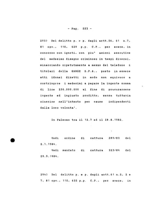 - Pago 553 -
2.93)
81
Del delitto p. e p. dagli axtt.56, 61 n.7,
cpv., 110, 62.9 p.p. C.P., pex avexe, in
concoxso con ignoti, con piu' azioni esecutive
del medesimo disegno cximinoso in tempi divexsi,
minacciando ripetutamente a mezzo del telefono i
titolari della GANGE S.P.A., posto in essere
atti idonei dixetti in modo non equivoco a
costringere i medesimi a pagare la ingente somma
di lixe 2.50.000.000 al fine di prucurarsene
ingente ed ingiusto profitto,
xiuscire nell'intento pex cause
dalla loro volonta'.
senza tuttavia
indipendenti
In Palermo tra il 12..7 ed il 2.8.8.1982..
ordineVedi
2..1.1984.
Vedi mandato
2.9.9.1984.
di
di
cattuxa
cattura
2.89/83
32.3/84
del
del
294) Del delitto p. e p. dagli axtt.61 n.2., 5 e
7, 81 cpv., 110, 635 p.p. C. P. , per avere, in
 