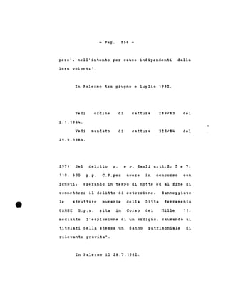 - Pago 556 -
pe~o', nell'intento pe~ cause indipendenti dalla
lo~o volonta'.
In Pale~rno tra giugno e luglio 1982.
ordineVedi
Z.1.1984.
Vedi mandato
29.9.1984.
di
di
cattura
cattura
289/83
323/84
del
del
delitto p.297) Del
110, 635 p.p. C.P.pe~
e p. dagli artt.2, 5 e 7,
avere in conco~so con
ignoti, ope~ando in tempo di notte ed al fine di
commette~e il delitto di esto~sione, danneggiato
le st~uttu~e mu~a~ie della Ditta fe~~amenta
GANGE S.p.a. sita in Co~so dei Mille 1 1 ,
mediante l'esplosione di un o~digno, causando ai
titola~i della stessa un danno pat~imoniale di
~ilevante g~avita'.
In Pale~mo il 28.7.1982.
 