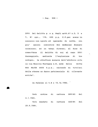 - Pago 558 -
299) Del deli~~o p. e p. dagli ar~~.61 n.2, 5 e
7, 81 cpv., 110, 635 p.p. C.P.per avere in
concorso con igno~i ed operando di no~~e, con
piu' azioni esecu~ive del medesimo disegno
criminoso, ed in ~empi diversi, al fine di
il deli~~o di cui al capo 300)commet~ere
danneggiato, median~e l'esplosione di ~re
ordigni, le s~ru~ture murarie dell'edificio si~o
in via Messina Mon~agna n.8, sede della Ditta
MAX MAJER DUCO S.p.a., causando ai titolari
•
della stessa un danno patrimoniale di rilevante
enti ta' .
In Palermo il 4.8 e 13.12.1982 .
Vedi
2.1.1984.
ordine di cattura 289/83 del
Vedi manda~o
29.9.1984.
di cattura 323/84 del
 
