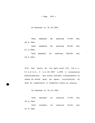 - Pago 574 -
In Palermo il 12.12.1981.
Vedi
29.2.1984.
Vedi
21.3.1984.
mandato
mandato
di
di
cattura
cattura
71/84 del
del
Vedi mandato
29.9.1984.
di cattura 323/84 del
316) Del reato di cui agli artt.110, 112 n."
61 n.2 C.P., 4 L.2.10.1967 n.895 e successive
modificazioni, per avere portato illegalmente in
•
tempo di notte armi da sparo (rivoltelle) al
fine di commettere il suddetto reato di rapina .
In Palermo il 12.12.1981.
Vedi
29.2.1984.
Vedi
2.1.3.1984.
mandato
mandato
di
di
cattura
cattura
71/84
94/84
del
del
 