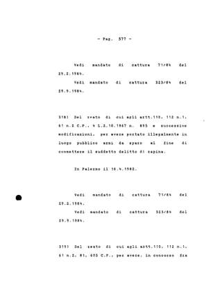 Vedi
29.2.1984.
- Pago
mandato
577 -
di cattuz:a 71/84 del
Vedi mandato
29.9.1984.
di cattuz:a 323/84 del
318) Del reato di cui agli artt.110. 112 n.1.
61 n.2 C.P .• 4 L.2.10.1967 n. 895 e successive
modificazioni. pez: avere poz:tato illegalmente in
luogo pubblico az:mi da sparo al fine di
commettere il suddetto delitto di z:apina.
In Palermo il 16.4.1982.
• Vedi
29.2.1984.
mandato di cattura 71/84 del
Vedi mandato
29.9.1984.
di cattura 323/84 del
319) Del reato di cui agli artt.110. 112 n.1.
61 n.2. 81. 605 C.P .• per avere, in concorso fra
 