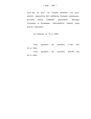 - Pago 578 -
loro ed in piu' di cinque persone con piu'
a2ioni esecu~ive del medesimo disegno criminoso,
privato della liberta' personale Balsamo
Vincen20 e Giuseppe,
averli rapinati.
lasciandoli legati dopo
In Palermo il 16.4.1982.
Vedi
29.2.1984.
manda~o di ca~~ura 71/84 del
Vedi
29.9.1984.
manda~o di ca~~ura 323/84 del
 