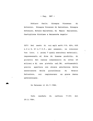 Schiavo
- Pago
Carlo,
587 -
Sinagra Vincenzo di
Antonino, Sinagra Vincenzo di Salvatore, Sinagra
Antonino, Rotolo Salvatore, Di Marco Salvatore,
Castiglione Girolamo e Baiamonte Angelo:
327) Del reato di cui agli artt.'10, 624, 625
n.2 e 5, 61 n.7 C.P., per essersi, in concorso
tra loro, i primi 7 quali esecutori materiali,
impossessati, al fine di trarne profitto, di
gioielli del valore complessivo di oltre 60
milioni e di una pistola cal.38, sottraendoli
previa apertura con chiave adulterina della
saracinesca della gioielleria di Bracco
In Pale:rmo il 24.7.1982.
..
Salvato:re,
patrimoniale .
cui cagionavano un grave danno
Vedi
29.2.1984.
mandato di cattura 71/84 del
 