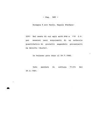 - Pago 589 -
Sinagra F.sco Paolo, Napoli Stefano:
329) Del reato di cui agli artt.648 e 110 C.P.
per essersi resi acquirenti di un notevole
quantitativo di gioielli sapendoli provenienti
da delitto (furto).
In Palermo poco dopo il 24.7.1982.
•
Vedi
2.9.2..1984 .
mandato di cattura 71/84 del
 