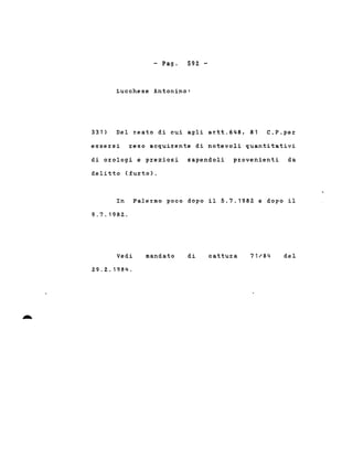 - Pago 592 -
Lucchese Antonino:
331) Del reato di cui agli artt.648, 81 C.P.per
essersi reso acquirente di notevoli quantitativi
di orologi e pre2iosi sapendoli provenienti da
delitto (furto).
In Palermo poco dopo il 5.7.1982 e dopo il
9.7.1982..
Vedi
2.9.2..1984.
mandato di cattura 71/84 del
 