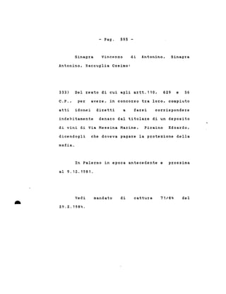 - Pago 595 -
Sinagra Vincenzo di Antonino, Sinagra
Antonino, Raccuglia Cosimo:
333) Del reato di cui agli artt.110, 62.9 e 56
C.P., per avere, in concorso tra loro, compiuto
atti idonei diretti a farsi corrispondere
indebitamente denaro dal titolare di un deposito
di vini di Via Messina Marine, Piraino Edoardo,
dicendogli che doveva pagare la protezione della
mafia.
In Palermo in epoca antecedente e prossima
al 9. 12.. 1981 .
•
Vedi
2.9.2..1984.
mandato di cattura 71/84 del
 