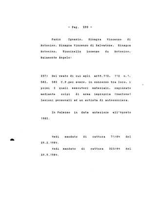 - Pago 599 -
Fazio Ignazio, Sinagra Vincenzo di
Antonino, Sinagra Vincenzo di Salvatore, Sinagra
Antonino, Tinnirello Lorenzo fu Antonino,
Baiamonte Angelo:
Del reato di cui agli artt.110,
mediante
C.P.per avere, in concorso tra loro, i
quali esecutori materiali,
112 n.L
cagionato
(bastone)di arma impropriacolpi
585
3primi
337)
582,
lesioni personali ad un autista di autocorriera.
In Palermo in data anteriore all'Agosto
1982.
Vedi mandato di cattura 71/84 del
29.2.1984.
Vedi mandato di cattura 323/84 del
29.9.1984.
 