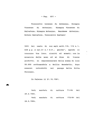 - Pago 601 -
Tinnirello Lorenzo fu Antonino, Sinagra
Vincenzo di Antonino, Sinagra Vincenzo di
Salvatore, Sinagra Antonino, Marchese Antonino,
Rotolo Salvatore, Tinnirello Gaetano:
339) Del reato di cui agli artt.110, 112 n. 1 ,
628 p.p. e cpv.2- n.1 C. P. J perche', agendo in
concorso tra loro, riuniti ed armati, con la
minaccia delle armi ed al fine di trarne
profitto, si impossessavano della somma di lire
50.000 sottraendola a Bellia Benedetto, dopo
essersi
Pecoraro.
introdotti nel garage della Ditta
..
In Palermo il 21.12.1981 .
175/84 del
Vedi
29.2.1984.
Vedi
28.5.1984.
mandato
mandato
di
di
cattura
cattura
71/84 del
 