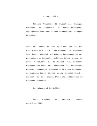 - Pago 606 -
Sinagra Vincenzo di Salvatore, Sinagra
Vincenzo di Antonino, Di Marco Salvatore,
Castiglione Girolamo, Alioto Gioacchino,
Antonino:
Sinagra
344) Del reato di cui agli artt.l10, 81, 62,8
p.p. e cpv.2- n.l C.P., per essersi, in concorso
tra loro, riuniti ed armati. impossessati, per
procurarsi un ingiusto profitto, della somma di
lire 4.92,5.000 e di titoli che, mediante
minaccia con armi nei confronti di Marcellino
Franco, Albamonte Vincenzo e Di Fiore Calogero,
sottraevano dagli Uffici della Colibri'S.r.l.,
nonche' di due anelli d'oro che sottraevano ad
Albanese Vincenzo.
In Palermo il 20.2..1982.
Vedi mandato di cattura 278/84
dell'11/8/1984.
 