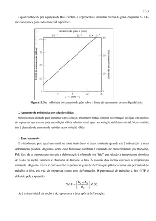 10.3
a qual conhecida por equação de Hall-Pectch, d representa o diâmetro médio do grão, enquanto σo e ke
são constantes para cada material específico.
Figura 10.3b: Influência do tamanho do grão sobre o limite de escoamento de uma liga de latão.
2. Aumento de resistência por solução sólida:
Outra técnica utilizada para aumentar a resistência e endurecer metais consiste na formação de ligas com átomos
de impurezas que entram quer em solução sólida substitucional, quer em solução sólida intersticial. Neste sentido,
isso é chamado de aumento de resistência por solução sólida
3. Encruamento:
É o fenômeno pelo qual um metal se torna mais duro e mais resistente quando ele é submetido a uma
deformação plástica. Algumas vezes esse fenômeno também é chamado de endurecimento por trabalho.
Pelo fato de a temperatura em que a deformação é efetuada ser “fria” em relação a temperatura absoluta
de fusão do metal, também é chamado de trabalho a frio. A maioria dos metais encruam à temperatura
ambiente. Algumas vezes é conveniente expressar o grau de deformação plástica como um percentual de
trabalho a frio, em vez de expressar como uma deformação. O percentual de trabalho a frio %TF é
definido pela expressão:
0 d
0
A A
%TF x100
A
 −
=  
 
A0 é a área inicial da seção e Ad representa a área após a deformação.
 