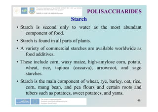 46
POLISACCHARIDES
Starch
• Starch is second only to water as the most abundant
component of food.
• Starch is found in all parts of plants.
• A variety of commercial starches are available worldwide as
food additives.
• These include corn, waxy maize, high-amylose corn, potato,
wheat, rice, tapioca (cassava), arrowroot, and sago
starches.
• Starch is the main component of wheat, rye, barley, oat, rice,
corn, mung bean, and pea flours and certain roots and
tubers such as potatoes, sweet potatoes, and yams.
 
