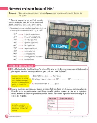 Practica con una guía
Pensamiento numérico
16 PROYECTO SÉ, EDICIÓN ESPECIAL © EDICIONES SM
Números ordinales hasta el 100.º
Explora tLos números ordinales indican el orden que ocupa un elemento dentro de
un grupo.
El Tiempo es uno de los periódicos más
importantes del país. El 30 de enero del
2011 celebró su centésimo aniversario.
tObserva cómo se escriben y se leen algunos
números ordinales entre el 30.º y el 100.º
31.º trigésimo primero
37.º trigésimo séptimo
40.º cuadragésimo
50.º quincuagésimo
60.º sexagésimo
70.º septuagésimo
80.º octogésimo
90.º nonagésimo
99.º nonagésimo noveno
100.º centésimo
1 El ediﬁcio donde vive Lina tiene 16 pisos. Ella vive en el decimotercer piso; si baja cuatro
pisos para visitar a su amiga Viviana, ¿en qué piso vive Viviana?
decimotercer piso 13.º piso
Lina baja cuatro pisos 13.º - - 11.º - -
R/ Viviana vive en el piso.
2 En una caminata participaron cuatro amigos. Patricia llegó en el puesto quincuagésimo;
Ricardo, en el sexagésimo tercero; Diana, en el trigésimo tercero, y Luis, en el vigésimo
sexto. Escribe el ordinal que corresponde a cada personaje y pon los nombres según el
orden de llegada.
Personaje Orden que ocupó
Patricia
Ricardo
Diana
Luis
, , y
Establece la secuencia a
partir del piso en el que
vive Lina y encuentra el
término correspondiente
al piso en el que vive
Viviana.
Utiliza los ordinales
escritos en la tabla para
determinar el orden de
llegada.
 