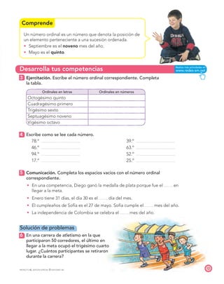 Desarrolla tus competencias
Comprende
17
PROYECTO SÉ, EDICIÓN ESPECIAL © EDICIONES SM
Un número ordinal es un número que denota la posición de
un elemento perteneciente a una sucesión ordenada.
t Septiembre es el noveno mes del año.
t Mayo es el quinto.
3 Ejercitación. Escribe el número ordinal correspondiente. Completa
la tabla.
Ordinales en letras Ordinales en números
Octogésimo quinto
Cuadragésimo primero
Trigésimo sexto
Septuagésimo noveno
Vigésimo octavo
4 Escribe como se lee cada número.
78.º 39.º
46.º 63.º
94.º 52.º
17.º 25.º
5 Comunicación. Completa los espacios vacíos con el número ordinal
correspondiente.
t En una competencia, Diego ganó la medalla de plata porque fue el en
llegar a la meta.
t Enero tiene 31 días, el día 30 es el día del mes.
t El cumpleaños de Sofía es el 27 de mayo. Sofía cumple el mes del año.
t La independencia de Colombia se celebra el mes del año.
Solución de problemas
6 En una carrera de atletismo en la que
participaron 50 corredores, el último en
llegar a la meta ocupó el trigésimo cuarto
lugar. ¿Cuántos participantes se retiraron
durante la carrera?
 