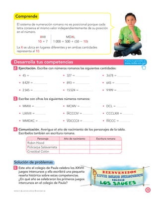 Comprende
Desarrolla tus competencias
19
PROYECTO SÉ, EDICIÓN ESPECIAL © EDICIONES SM
El sistema de numeración romano no es posicional porque cada
letra conserva el mismo valor independientemente de su posición
en el número.
XVII MDXL
10  7 1 000  500  50  10
La X se ubica en lugares diferentes y en ambas cantidades
representa al 10.
2 Ejercitación. Escribe con números romanos las siguientes cantidades:
t 45  t 327  t 3678 
t 8429  t 893  t 645 
t 2345  t 15524  t 9999 
3 Escribe con cifras los siguientes números romanos:
t MMXI  t MCMV  t DCL 
t LXXVII  t IXCCCIV  t CCCLXIII 
t MMDXC  t VDCCCII  t IVCCC 
4 Comunicación. Averigua el año de nacimiento de los personajes de la tabla.
Escríbelos también en escritura romana.
Personaje Año de nacimiento Escritura romana
Robin Hood
Policarpa Salavarrieta
Cristóbal Colón
Solución de problemas
5 Este año el colegio de Paula celebra los XXVIII
juegos intercursos y ella escribirá una pequeña
reseña histórica sobre estas competencias.
¿En qué año se celebraron los primeros juegos
intercursos en el colegio de Paula?
 