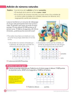 Practica con una guía
Pensamiento numérico
20 PROYECTO SÉ, EDICIÓN ESPECIAL © EDICIONES SM
Adición de números naturales
Explora tLos términos de la adición se llaman sumandos.
tEl resultado de la adición se llama suma o total.
tEn la adición de números naturales, se suman entre sí las unidades de
un mismo orden (unidades con unidades, decenas con decenas, etc.),
reagrupando cuando sea necesario.
Luisa se inscribió en un concurso de videojuego
en el que cada participante tiene tres turnos o
vidas. El ganador será quien acumule el mayor
puntaje. Si Luisa obtuvo 23 598 puntos en el
primer turno, 19 368 en el segundo y 25 310 en
el tercero, ¿cuántos puntos acumuló Luisa?
tPara saber el puntaje acumulado por Luisa,
se suman los puntajes obtenidos en los tres
turnos.
1. Se escriben los números alineados por
la derecha, de modo que coincidan los
valores de posición de las cifras.
dm um c d u
2 3 5 9 8
 1 9 3 6 8
2 5 3 1 0
2. Se empieza a sumar por las unidades, sin
olvidar las reagrupaciones en caso de que
la suma de la columna sea mayor que 9.
dm um c d u
2 3 5 9 8
 1 9 3 6 8 sumandos
2 5 3 1 0
6 8 2 7 6 suma
R/ Luisa acumuló 68 276 puntos.
1 Calcula el puntaje obtenido por Federico en el mismo juego si obtuvo 17609 puntos
en el primer turno, 32027 en el segundo y 15608 en el tercero.
dm um c d u
1 7 6 0 9

R/ Federico obtuvo puntos.
Ubica las cifras de cada
puntaje en la columna
correspondiente y
realiza las agrupaciones
necesarias.
 