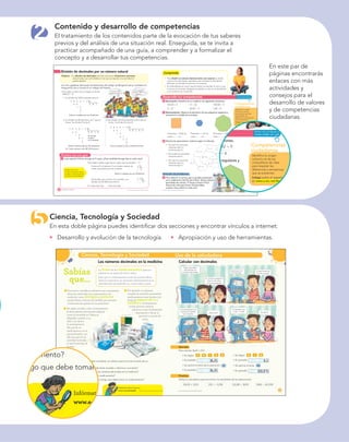 Sabías
que…
Ciencia, Tecnología y Sociedad Uso de la calculadora
Ciencia, tecnología y sociedad
100 101
PROYECTO SÉ, EDICIÓN ESPECIAL © EDICIONES SM PROYECTO SÉ, EDICIÓN ESPECIAL © EDICIONES SM
La dosis de los medicamentos para los
adultos no es igual a la de los niños.
Para que un medicamento actúe de manera eﬁcaz
sobre el organismo, es necesario administrarlo en la
cantidad precisa teniendo en cuenta edad y peso.
Calcular con decimales
Ejemplo
Para calcular 36,25  8,3:
t Se digita: 3 6 2 5
t En pantalla:
t Se oprime la tecla de la operación:
t En pantalla:
t Se digita: 8 3
t En pantalla:
t Se oprime la tecla:
t En pantalla:
Doctores y cientíﬁcos advierten que suministrar
dosis tan reducidas con instrumentos de
medición como jeringas y goteros
puede llevar a errores de medida que generan
consecuencias graves en los pacientes.
Los números decimales en la medicina
Por ejemplo, en algunas
cirugías se necesita suministrar
medicamentos muy fuertes con
dosis de menos de 0,1
mililitro. Sobrepasarse
puede generar eventos
adversos como la depresión
respiratoria o llevar al
paciente a estado de
coma.
No saber escribir o leer correctamente
la dosis genera situaciones trágicas
como la sucedida en Valencia
(España), cuando a un
niño con cáncer
le suministraron
165 mg de un
medicamento en la
quimioterapia y no
1,65 mg que era la
cantidad indicada,
lo que le produjo la
muerte.
INDAGA
t ¿Qué condiciones debe considerar un médico para formular la dosis de un
medicamento?
t ¿Qué consecuencias puede tener exceder o disminuir una dosis?
t ¿Por qué son importantes los números decimales en la medicina?
t ¿Has tomado alguna vez un medicamento?
t ¿Qué consejos le darías a un amigo que debe tomar un medicamento?
Infórmate sobre el tema en:
www.e-sm.net/4mt28
Practica
Utiliza la calculadora para encontrar los resultados de las operaciones.
236,59  32,01 235,1  9,258 123,289  58,59 598,8  69,3109
Supe que están
estudiando los
números decimales.
¿Y qué hacemos
con las comas?
Sí. ¿Cómo podemos
operar con ellos
en la calculadora?
Sí. Ensayen con
17,25  13,49.
¿Sólo eso? Da 30,74.
Los reemplazan por
puntos al ingresar
los números.
Igual que con
los naturales.
36,25 8,3
300,875
36,25
Practica con una guía
Competencias
ciudadanas
Pensamiento numérico PROYECTO SÉ, EDICIÓN ESPECIAL © EDICIONES SM PROYECTO SÉ, EDICIÓN ESPECIAL © EDICIONES SM
Comprende
Desarrolla tus competencias
17  5 
11  5 
8  5 
18  5 
3  2 
6  5 
10  4 
15  4 
7  4 
7  2 
5  2 
13  4 
5  4 
¿Cuánto vale
cada tiquete?
Los tiquetes
cuestan 3854,72
dólares.
96 97
División de decimales por un número natural
Explora tLa división de decimales permite solucionar situaciones concretas
relacionadas con actividades en las que se reparte una cantidad en
partes iguales.
Las ocho jugadoras del equipo de baloncesto del colegio de Margarita fueron invitadas a la
inauguración de un torneo en un colegio de Panamá.
tPara saber el valor de un tiquete se divide
3854,72  8.
1. Se dividen las 3854 unidades entre 8.
3 8 5 4, 7 2 8
6 5 4 8 1
1 4
6
Sobran 6 unidades que son 60 décimas.
2. Se añaden las 60 décimas a las 7 que se
tienen. Se divide 67 entre 8.
3. Se añaden las 30 centésimas a las 2 que se
tienen. Se divide 32 entre 8.
3 8 5 4, 7 2 8
6 5 4 8 1, 8
1 4 Se escribe
la coma
en el cociente
6 7
3
3 8 5 4, 7 2 8
6 5 4 8 1, 8 4
1 4
6 7
3 2
0
Sobran 3 décimas que son 30 centésimas. Como el residuo es cero, la división terminó.
R/ Cada tiquete vale 481,84 dólares.
1 Luisa repartió 2 litros de jugo en 5 vasos. ¿Qué cantidad de jugo hay en cada vaso?
t Para dividir un número decimal entre uno natural se divide
como si los dos fueran naturales, pero al bajar la cifra de las
décimas, se escribe la coma en el cociente.
t Si el dividendo es menor que el divisor se escribe un cero y una
coma en el cociente. Después se añade un cero en el dividendo
y se continúa con la división.
Escribe cero en el
cociente cuando el divisor
no esté un número exacto
de veces en el dividendo.
2 Ejercitación. Resuelve en tu cuaderno las siguientes divisiones.
253,58  4 13  26 750,582  9
5  8 36,057  5 7,68  8
3 Razonamiento. Observa el perímetro de los polígonos regulares y
encuentra la medida de sus lados.
Perímetro  50,8 cm Perímetro  5,4 cm Perímetro  163,8 cm
Lado  cm Lado  cm Lado  cm
4 Efectúa las operaciones. Colorea según lo indicado.
t De azul los cocientes
mayores que 3 y
menores que 4.
t De verde los cocientes
menores que 2.
t De rojo los cocientes
mayores que 2 y
menores que 3.
Solución de problemas
5 Para adornar la carroza que su pueblo presentará
en la celebración del Día de la Raza, Teresa utilizará
guirnaldas de colores. Si Teresa compró 615,6
metros de cinta para hacer 24 guirnaldas,
¿cuánta cinta utilizó en cada una?
Para saber cuánto jugo hay en cada vaso se divide 2  5.
- Como el 5 no está en 2 un número exacto de
veces, se escribe 0 en el cociente.
Sobran 2 unidades que son 20 décimas.
- Se escribe una coma en el cociente, y se
dividen las 20 décimas entre 5.
En cada vaso hay litros de jugo.
Identiﬁca tu origen
cultural y el de tus
compañeros de clase
para respetar las
diferencias y semejanzas
que se presentan.
Indaga sobre el respeto
en www.e-sm.net/4mt26
2 5
0
2 0 5
0
5
2
dicamento?
igo que debe tomar u
Infórmate
www.e-sm
Competencias
ciudadanas
visiones.
582  9
 8
s regulares y
Identiﬁca tu origen
cultural y el de tus
compañeros de clase
para respetar las
diferencias y semejanzas
que se presentan.
Indaga sobre el respeto
en www.e-sm.net/4mt26
Contenido y desarrollo de competencias
El tratamiento de los contenidos parte de la evocación de tus saberes
previos y del análisis de una situación real. Enseguida, se te invita a
practicar acompañado de una guía, a comprender y a formalizar el
concepto y a desarrollar tus competencias.
Ciencia, Tecnología y Sociedad
En esta doble página puedes identiﬁcar dos secciones y encontrar vínculos a internet:
En este par de
páginas encontrarás
enlaces con más
actividades y
consejos para el
desarrollo de valores
y de competencias
ciudadanas.
t Desarrollo y evolución de la tecnología. t Apropiación y uso de herramientas.
 