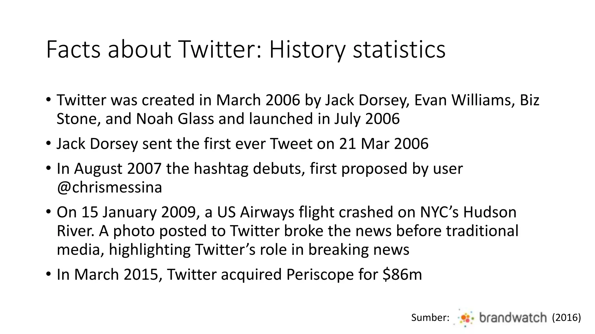 Facts about Twitter: History statistics
• Twitter was created in March 2006 by Jack Dorsey, Evan Williams, Biz
Stone, and Noah Glass and launched in July 2006
• Jack Dorsey sent the first ever Tweet on 21 Mar 2006
• In August 2007 the hashtag debuts, first proposed by user
@chrismessina
• On 15 January 2009, a US Airways flight crashed on NYC’s Hudson
River. A photo posted to Twitter broke the news before traditional
media, highlighting Twitter’s role in breaking news
• In March 2015, Twitter acquired Periscope for $86m
Sumber: (2016)
 