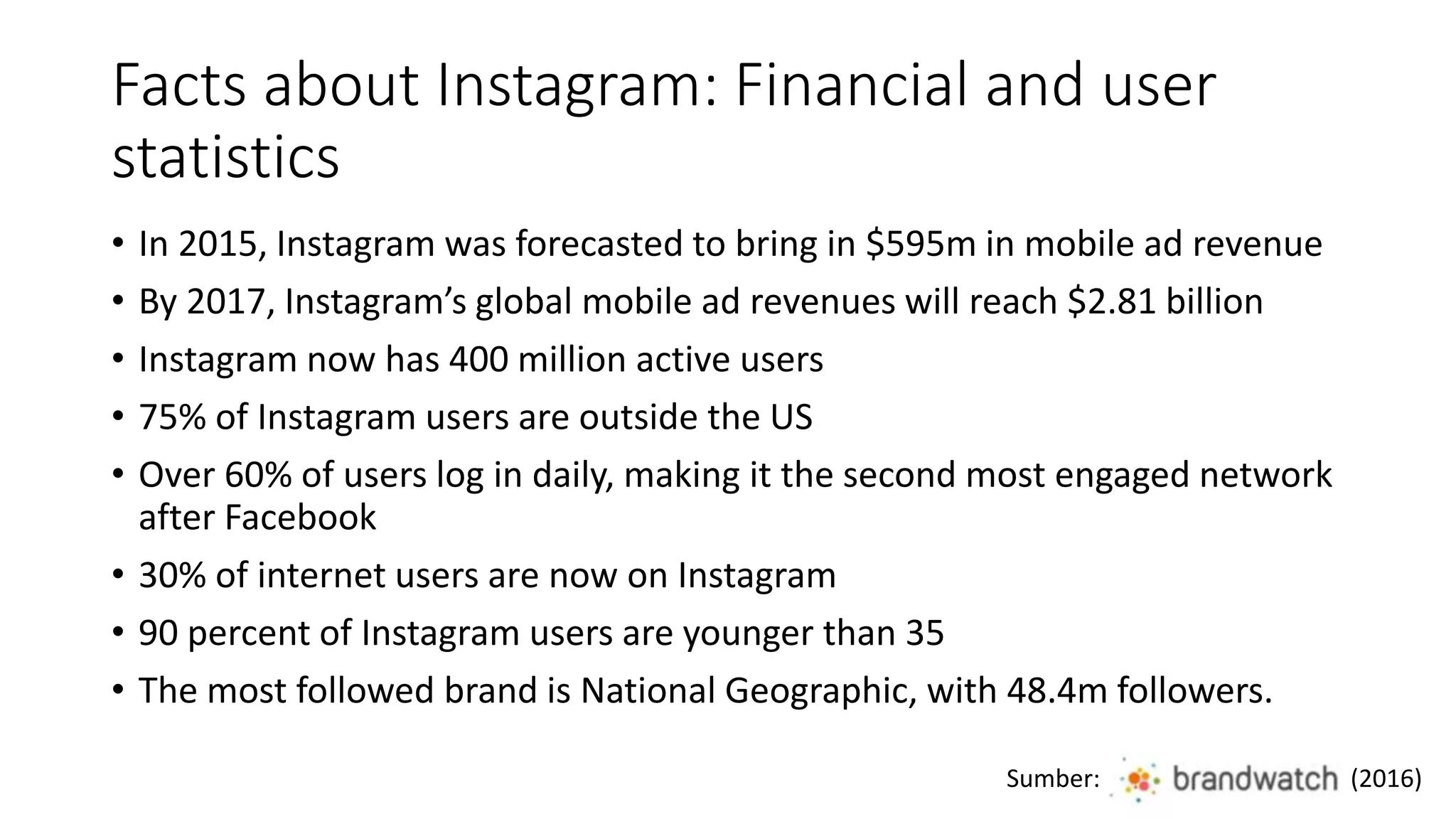 Facts about Instagram: Financial and user
statistics
• In 2015, Instagram was forecasted to bring in $595m in mobile ad revenue
• By 2017, Instagram’s global mobile ad revenues will reach $2.81 billion
• Instagram now has 400 million active users
• 75% of Instagram users are outside the US
• Over 60% of users log in daily, making it the second most engaged network
after Facebook
• 30% of internet users are now on Instagram
• 90 percent of Instagram users are younger than 35
• The most followed brand is National Geographic, with 48.4m followers.
Sumber: (2016)
 
