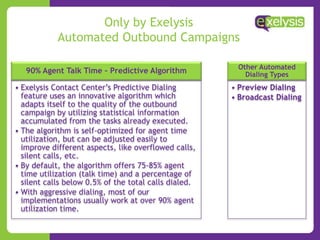 Only by Exelysis
Automated Outbound Campaigns
90% Agent Talk Time – Predictive Algorithm
• Exelysis Contact Center’s Predictive Dialing
feature uses an innovative algorithm which
adapts itself to the quality of the outbound
campaign by utilizing statistical information
accumulated from the tasks already executed.
• The algorithm is self-optimized for agent time
utilization, but can be adjusted easily to
improve different aspects, like overflowed calls,
silent calls, etc.
• By default, the algorithm offers 75-85% agent
time utilization (talk time) and a percentage of
silent calls below 0.5% of the total calls dialed.
• With aggressive dialing, most of our
implementations usually work at over 90% agent
utilization time.
Other Automated
Dialing Types
• Preview Dialing
• Broadcast Dialing
 