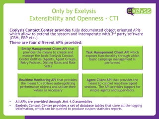 Only by Exelysis
Extensibility and Openness - CTI
Exelysis Contact Center provides fully documented object oriented APIs
which allow to extend the system and interoperate with 3rd party software
(CRM, ERP etc.)
There are four different APIs provided:
Entity Management Client API that
provides the means to create and
manage the basic Exelysis Contact
Center entities (Agents, Agent Groups,
Retry Policies, Dialing Rules and Rule
Sets)
Task Management Client API which
exposes functionality through which
basic campaign management is
performed
Realtime Monitoring API that provides
the means to retrieve auto-updating
performance objects and utilize their
values as necessary
Agent Client API that provides the
means to control real-time agent
sessions. The API provides support for
simple agents and supervisors.
• All APIs are provided through .Net 4.0 assemblies
• Exelysis Contact Center provides a set of database tables that store all the logging
information, which can be queried to produce custom statistics reports
 
