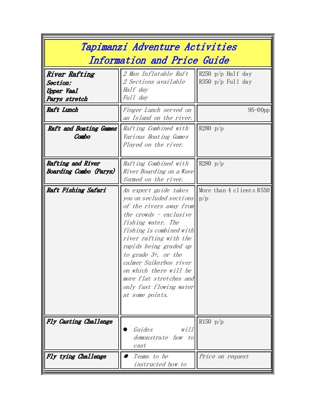Adventure Activities Price Guide 2016