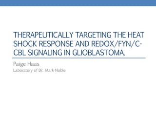 THERAPEUTICALLY TARGETING THE HEAT
SHOCK RESPONSE AND REDOX/FYN/C-
CBL SIGNALING IN GLIOBLASTOMA.
Paige Haas
Laboratory of Dr. Mark Noble
 