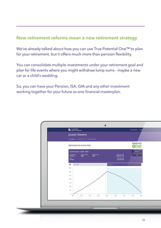 New retirement reforms mean a new retirement strategy
We’ve already talked about how you can use True Potential One™ to plan
for your retirement, but it offers much more than pension flexibility.
You can consolidate multiple investments under your retirement goal and
plan for life events where you might withdraw lump sums - maybe a new
car or a child’s wedding.
So, you can have your Pension, ISA, GIA and any other investment
working together for your future as one financial masterplan.
10
 