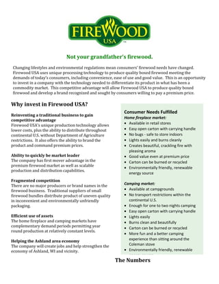 Not your grandfather’s firewood.
Changing lifestyles and environmental regulations mean consumers’ firewood needs have changed.
Firewood USA uses unique processing technology to produce quality boxed firewood meeting the
demands of today’s consumers, including convenience, ease of use and good value. This is an opportunity
to invest in a company with the technology needed to differentiate its product in what has been a
commodity market. This competitive advantage will allow Firewood USA to produce quality boxed
firewood and develop a brand recognized and sought by consumers willing to pay a premium price.
The Numbers
Consumer Needs Fulfilled
Home fireplace market:
• Available in retail stores
• Easy open carton with carrying handle
• No bugs - safe to store indoors
• Lights easily and burns cleanly
• Creates beautiful, crackling fire with
pleasing aroma
• Good value even at premium price
• Carton can be burned or recycled
• Environmentally friendly, renewable
energy source
Camping market:
• Available at campgrounds
• No transport restrictions within the
continental U.S.
• Enough for one to two nights camping
• Easy open carton with carrying handle
• Lights easily
• Burns clean and beautifully
• Carton can be burned or recycled
• More fun and a better camping
experience than sitting around the
Coleman stove
• Environmentally friendly, renewable
energy source
Why invest in Firewood USA?
Reinventing a traditional business to gain
competitive advantage
Firewood USA’s unique production technology allows
lower costs, plus the ability to distribute throughout
continental U.S. without Department of Agriculture
restrictions. It also offers the ability to brand the
product and command premium prices.
Ability to quickly be market leader
The company has first mover advantage in the
premium firewood market as well as scalable
production and distribution capabilities.
Fragmented competition
There are no major producers or brand names in the
firewood business. Traditional suppliers of small
firewood bundles distribute product of uneven quality
in inconvenient and environmentally unfriendly
packaging.
Efficient use of assets
The home fireplace and camping markets have
complementary demand periods permitting year
round production at relatively constant levels.
Helping the Ashland area economy
The company will create jobs and help strengthen the
economy of Ashland, WI and vicinity.
 
