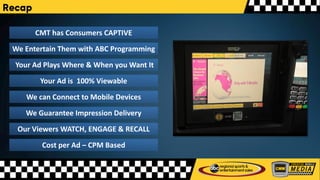 Recap
CMT has Consumers CAPTIVE
We Entertain Them with ABC Programming
Your Ad Plays Where & When you Want It
We can Connect to Mobile Devices
We Guarantee Impression Delivery
Your Ad is 100% Viewable
Our Viewers WATCH, ENGAGE & RECALL
Cost per Ad – CPM Based
 
