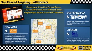 Geo-Fenced Targeting - All Markets
Create your Own Geo-Fenced Zones
Deploy Different Ads in Different Zones
Target Major Airports in all CMT Markets
played store-specific ads with banners
when the taxi was within ¼ mile of a
specific store, and played a generic ad
when the taxi was north of Canal Street
and south of 66th Street but not in a
targeted zone.
NEW YORK
&
played ads only when the taxi was north
of Grant Park and south of West Division
Street, ½ mile from Lake Shore Drive
CHICAGO
&
targeted fares which began and ended in
the Financial District and only on
weekdays.
SAN FRANCISCO
&
 