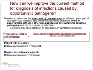 How can we improve the current method
for diagnosis of infections caused by
opportunistic pathogens?
We need to determine the ‘threshold’ of concentration for different pathogen of
interest in total microbial flora which will allow us to determine when an
opportunistic pathogen otherwise not causing any symptoms becomes
pathogenic and can thus cause an infection.
 Determined for each pathogen by collection non symptomatic patients
Patient with symptoms
Relative concentration>= Threshold
Carrier ( asymptomatic patient)
Relative concentration< Threshold

Threshold of relative
concentration =
lowest amount of opportunistic pathogen to cause symptoms
total amount of microbial flora
 
