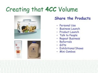 Creating that 4CC Volume
                Share the Products
                –   Personal Use
                –   Business Launch
                –   Product Launch
                –   Talk to People
                –   Repeat Business
                –   Referrals
                –   Gifts
                –   Exhibitions/Shows
                –   Mini Combos
 