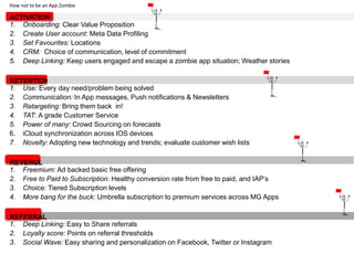 ACTIVATION
1. Onboarding: Clear Value Proposition
2. Create User account: Meta Data Profiling
3. Set Favourites: Locations
4. CRM: Choice of communication, level of commitment
5. Deep Linking: Keep users engaged and escape a zombie app situation; Weather stories
RETENTION
1. Use: Every day need/problem being solved
2. Communication: In App messages, Push notifications & Newsletters
3. Retargeting: Bring them back in!
4. TAT: A grade Customer Service
5. Power of many: Crowd Sourcing on forecasts
6. iCloud synchronization across IOS devices
7. Novelty: Adopting new technology and trends; evaluate customer wish lists
REVENUE
1. Freemium: Ad backed basic free offering
2. Free to Paid to Subscription: Healthy conversion rate from free to paid, and IAP’s
3. Choice: Tiered Subscription levels
4. More bang for the buck: Umbrella subscription to premium services across MG Apps
REFERRAL
1. Deep Linking: Easy to Share referrals
2. Loyalty score: Points on referral thresholds
3. Social Wave: Easy sharing and personalization on Facebook, Twitter or Instagram
How not to be an App Zombie
 