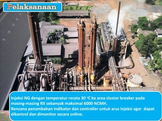 Injeksi NG dengan temperatur rerata 30 o
C ke area cluster breaker pada
masing-masing RX sebanyak maksimal 6000 NCMH.
Rencana penambahan indikator dan controller untuk arus injeksi agar dapat
dikontrol dan dimonitor secara online.
 