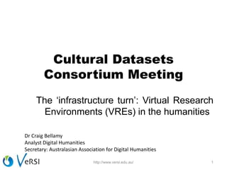 Cultural Datasets
Consortium Meeting
The ‘infrastructure turn’: Virtual Research
Environments (VREs) in the humanities
1http://www.versi.edu.au/
Dr Craig Bellamy
Analyst Digital Humanities
Secretary: Australasian Association for Digital Humanities
 