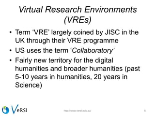 Virtual Research Environments
(VREs)
• Term ‘VRE’ largely coined by JISC in the
UK through their VRE programme
• US uses the term ‘Collaboratory’
• Fairly new territory for the digital
humanities and broader humanities (past
5-10 years in humanities, 20 years in
Science)
6http://www.versi.edu.au/
 