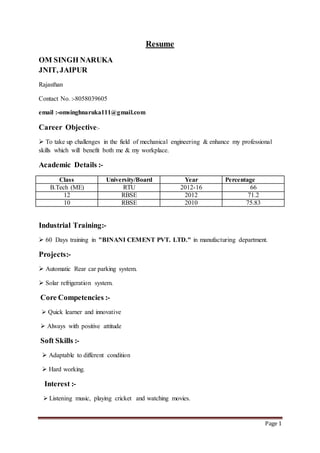 Page 1
Resume
OM SINGH NARUKA
JNIT, JAIPUR
Rajasthan
Contact No. :-8058039605
email :-omsinghnaruka111@gmail.com
Career Objective:-
 To take up challenges in the field of mechanical engineering & enhance my professional
skills which will benefit both me & my workplace.
Academic Details :-
Class University/Board Year Percentage
B.Tech (ME) RTU 2012-16 66
12 RBSE 2012 71.2
10 RBSE 2010 75.83
Industrial Training:-
 60 Days training in "BINANI CEMENT PVT. LTD." in manufacturing department.
Projects:-
 Automatic Rear car parking system.
 Solar refrigeration system.
Core Competencies :-
 Quick learner and innovative
 Always with positive attitude
Soft Skills :-
 Adaptable to different condition
 Hard working.
Interest :-
 Listening music, playing cricket and watching movies.
 