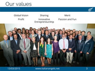 13/03/2015 www.italianangels.net 3
Our values
Global Vision
Profit
Sharing
Innovative
Entrepreneurship
Merit
Passion and Fun
 