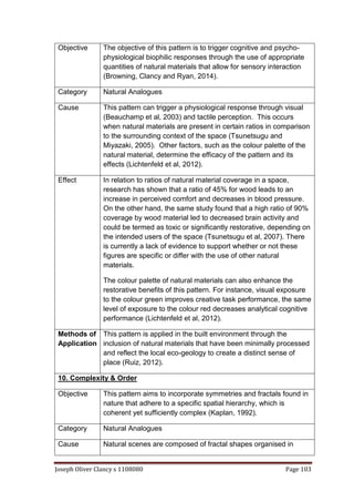 Joseph Oliver Clancy s 1108080 Page 103
Objective The objective of this pattern is to trigger cognitive and psycho-
physiological biophilic responses through the use of appropriate
quantities of natural materials that allow for sensory interaction
(Browning, Clancy and Ryan, 2014).
Category Natural Analogues
Cause This pattern can trigger a physiological response through visual
(Beauchamp et al, 2003) and tactile perception. This occurs
when natural materials are present in certain ratios in comparison
to the surrounding context of the space (Tsunetsugu and
Miyazaki, 2005). Other factors, such as the colour palette of the
natural material, determine the efficacy of the pattern and its
effects (Lichtenfeld et al, 2012).
Effect In relation to ratios of natural material coverage in a space,
research has shown that a ratio of 45% for wood leads to an
increase in perceived comfort and decreases in blood pressure.
On the other hand, the same study found that a high ratio of 90%
coverage by wood material led to decreased brain activity and
could be termed as toxic or significantly restorative, depending on
the intended users of the space (Tsunetsugu et al, 2007). There
is currently a lack of evidence to support whether or not these
figures are specific or differ with the use of other natural
materials.
The colour palette of natural materials can also enhance the
restorative benefits of this pattern. For instance, visual exposure
to the colour green improves creative task performance, the same
level of exposure to the colour red decreases analytical cognitive
performance (Lichtenfeld et al, 2012).
Methods of
Application
This pattern is applied in the built environment through the
inclusion of natural materials that have been minimally processed
and reflect the local eco-geology to create a distinct sense of
place (Ruiz, 2012).
10. Complexity & Order
Objective This pattern aims to incorporate symmetries and fractals found in
nature that adhere to a specific spatial hierarchy, which is
coherent yet sufficiently complex (Kaplan, 1992).
Category Natural Analogues
Cause Natural scenes are composed of fractal shapes organised in
 