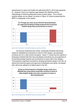 Joseph Oliver Clancy s 1108080 Page 50
space/access to nature and health and well-being (DCLG, 2012) (see appendix
C). However, there is an apparent gap between the objective and the
methodology of achieving adequate access to green space. This is where
biophilic design can be utilised, as shown in Figure 10, those surveyed feel the
NPPF is inadequate in this respect.
Figure 11 (6.2.7) Question 7: UK biophilic design survey (Clancy, 2014b)
As previous responses have shown, landscape architects hold strong
values for establishing connections to nature in their designs, yet landscape
architects are not in sole control of projects. Figure 11 shows that the majority of
landscape architects feel that many developers and clients are not supportive of
incorporating design features and connections to nature within their designs.
This presents a significant constraint to developing biophilic design in the UK, as
without the financial support and approval of developers and clients, this design
ethic will not be utilised to its fullest extent in the UK.
Figure 12 (6.2.8) Question 8: UK biophilic design survey (Clancy, 2014b)
0
5
10
15
20
Yes No
Q.7 Through your work, do you find that clients/developers
are supportive/accepting of design proposals that incorporate
biophilic design features/connections to nature?
0
10
20
30
40
Yes No
Q.8 Do you think integration of biophilic design credits into a
BREEAM style rating system would offer incentive to clients to
utilise biophilic design and create connections to nature in
their developments?
 