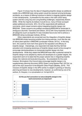 Joseph Oliver Clancy s 1108080 Page 51
Figure 12 shows how the idea of integrating biophilic design as additional
credits into a BREEAM style rating system would be received among landscape
architects, as a means of offering incentive to clients to integrate biophilic design
in their developments. A precedent for this exists in the USA LEED rating
system and the Living City and Living Building challenges, respectively (Kieran,
2008). While the majority do believe it would do so, many of those surveyed
added additional comments. 30% (10) of the respondents left additional
comments, which raised concerns about integrating biophilic design into
BREEAM. These concerns are justified considering BREEAM for landscape is
ambiguous (Dunnett, Townsend and Gibson, 2013) with many loopholes and not
all categories (such as biophilia if it was included) have to be met to achieve a
BREEAM rating (Landscape Institute, 2014a).
Other respondents are concerned over the integration of biophilic design
into BREEAM simply becoming another box ticking exercise, much like the use
of native plant species in BREEAM (Landscape Institute, 2013c). In the long
term, this could do more harm than good to the reputation and efficacy of
biophilic design. Interestingly, one respondent did state that they felt that
education and increasing awareness of biophilic design would not be enough to
encourage clients/developers to incorporate biophilic design into their
developments. While they stated that BREEAM does offer a potential vehicle for
biophilic design to be adopted by clients and developers to a greater degree, the
respondent went on to state that the proper solution lies in integrating biophilic
design into national and local planning policy. No precedents for this exist;
however, Birmingham City Council does encourage biophilic design in its
supplementary planning document (SPD) 'Green Living Spaces Plan' (2013a), as
part of the city's ascension to the Biophilic Cities Project (Beatley, 2014). This
inclusion of biophilic design in the SPD carries no weight in granting or refusing
planning permission to new developments, however, as confirmed by one of its
authors, N. Grayson, in a conversation on 1st April 2014.
Figure 13 (6.2.9) Question 9: UK Biophilic design survey (Clancy, 2014b)
0
10
20
30
40
50
Yes No
Q.9 Do you feel connections to nature (biophilic design) in the
built environment are important?
 