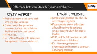 Difference between Static & Dynamic Website….
STATIC WEBSITE
Prebuilt content is the same each
time the page is loaded.
Content only changes when
someone updates and publishes
the file(send it to web server)
HTML Code.
Ex – About Us page with corporate
background , mission , vision etc.
DYNANIC WEBSITE
Content is generated “on –the- fly”
and changes regularly.
Page contains server side code,
allows the server to generate
unique content when the page is
loaded.
PHP , ASP & JSP or other can pull
content from a database.
Ex – Upcoming events on
a homepage pulling from a calendar
& changing each day.
 