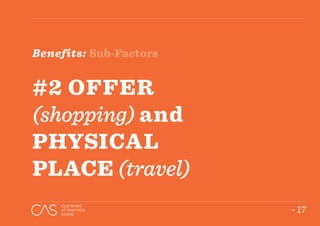 - 17
CUSTOMER
ATTRACTION
SCORE
Benefits: Sub-Factors
#2 OFFER
(shopping) and
PHYSICAL
PLACE (travel)
 