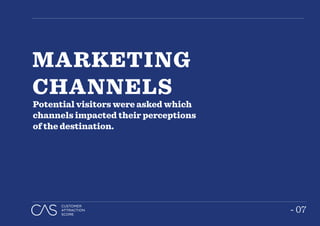 - 07
CUSTOMER
ATTRACTION
SCORE
- 07
CUSTOMER
ATTRACTION
SCORE
MARKETING
CHANNELS
Potential visitors were asked which
channels impacted their perceptions
of the destination.
 