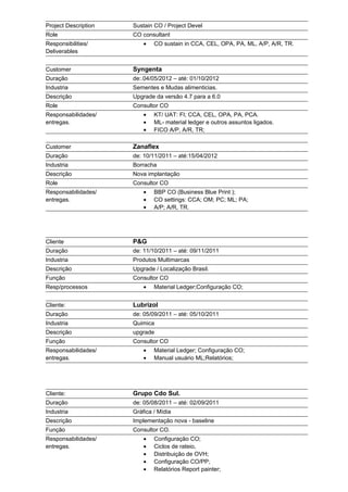 Project Description Sustain CO / Project Devel
Role CO consultant
Responsibilities/
Deliverables
• CO sustain in CCA, CEL, OPA, PA, ML, A/P, A/R, TR.
Customer Syngenta
Duração de:.04/05/2012 – até: 01/10/2012
Industria Sementes e Mudas alimenticias.
Descrição Upgrade da versão 4.7 para a 6.0
Role Consultor CO
Responsabilidades/
entregas.
• KT/ UAT: FI; CCA, CEL, OPA, PA, PCA.
• ML- material ledger e outros assuntos ligados.
• FICO A/P, A/R, TR;
Customer Zanaflex
Duração de: 10/11/2011 – até:15/04/2012
Industria Borracha
Descrição Nova implantação
Role Consultor CO
Responsabilidades/
entregas.
• BBP CO (Business Blue Print );
• CO settings: CCA; OM; PC; ML; PA;
• A/P; A/R, TR.
Cliente P&G
Duração de: 11/10/2011 – até: 09/11/2011
Industria Produtos Multimarcas
Descrição Upgrade / Localização Brasil.
Função Consultor CO
Resp/processos • Material Ledger;Configuração CO;
Cliente: Lubrizol
Duração de: 05/09/2011 – até: 05/10/2011
Industria Quimica
Descrição upgrade
Função Consultor CO
Responsabilidades/
entregas.
• Material Ledger; Configuração CO;
• Manual usuário ML;Relatórios;
Cliente: Grupo Cdo Sul.
Duração de: 05/08/2011 – até: 02/09/2011
Industria Gráfica / Mídia
Descrição Implementação nova - baseline
Função Consultor CO.
Responsabilidades/
entregas.
• Configuração CO;
• Ciclos de rateio,
• Distribuição de OVH;
• Configuração CO/PP;
• Relatórios Report painter;
 