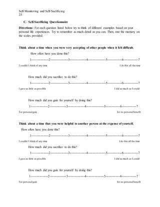 Self-Monitoring and Self-Sacrificing
23
C. Self-Sacrificing Questionnaire
Directions: For each question listed below try to think of different examples based on your
personal life experiences. Try to remember as much detail as you can. Then, rate the memory on
the scales provided.
Think about a time when you were very accepting of other people when it felt difficult.
How often have you done this?
1----------------2-----------------3----------------4-----------------5--------------6--------------7
I couldn’t think of any time I do this all the time
How much did you sacrifice to do this?
1----------------2-----------------3----------------4-----------------5--------------6--------------7
I gave as little as possible I did as much as I could
How much did you gain for yourself by doing this?
1----------------2----------------3----------------4-----------------5--------------6--------------7
For personalgain for no personalbenefit
Think about a time that you were helpful to another person at the expense of yourself.
How often have you done this?
1----------------2-----------------3----------------4-----------------5--------------6--------------7
I couldn’t think of any time I do this all the time
How much did you sacrifice to do this?
1----------------2-----------------3----------------4-----------------5--------------6--------------7
I gave as little as possible I did as much as I could
How much did you gain for yourself by doing this?
1----------------2----------------3----------------4-----------------5--------------6--------------7
For personalgain for no personalbenefit
 