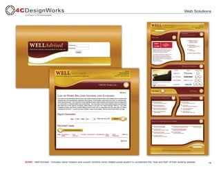 Web Solutions




BAMS - Well Advised - Includes name creation and custom workers comp related portal system to compliment the “look and feel” of their existing website.   18
 