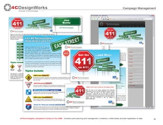 Campaign Management




4CTechnologies Lotusphere Comes to You 2008 - Includes event planning and management, invitations, e-Mail blasts and web registration to date.   38
 